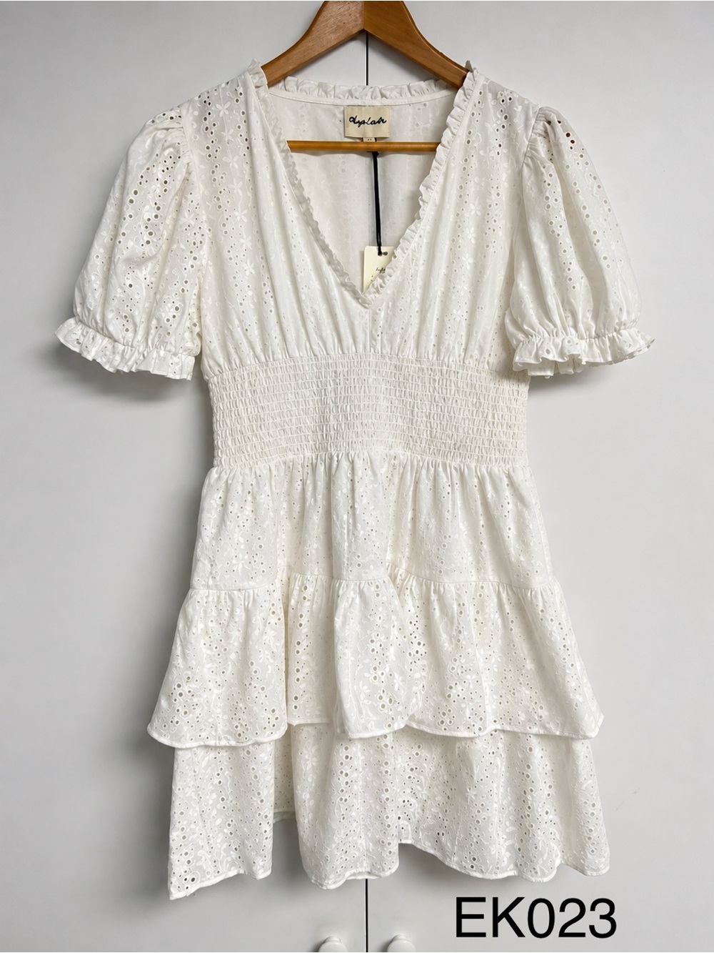 NWT Playa Lucila White Cotton Eyelet Smocked Mini Dress L MSRP $168